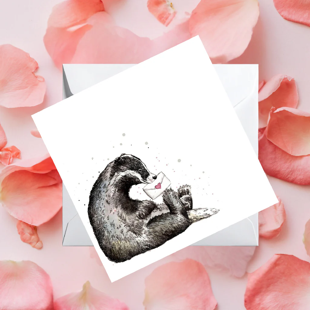 Watercolour Badger Love Card – Wildlife Greeting Card