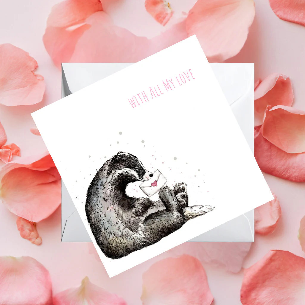 Watercolour Badger Love Card – Wildlife Greeting Card - Image 3