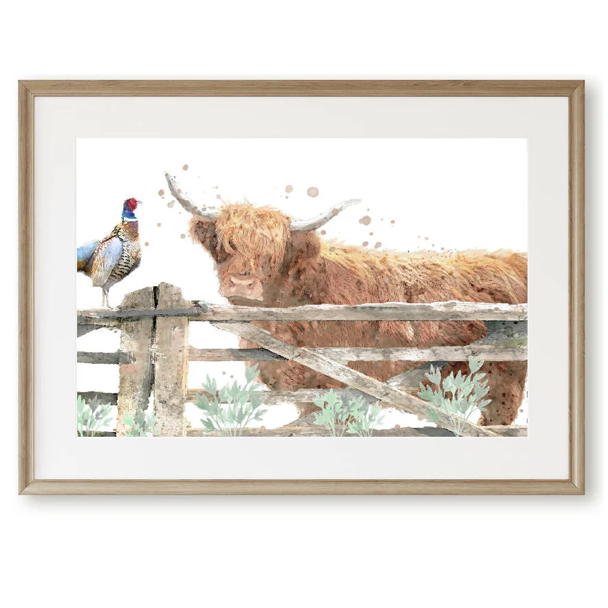 Watercolour Highland Cow & Pheasant Print - Image 2