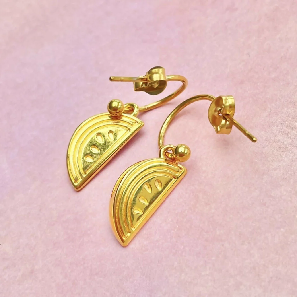 Watermelon Stainless Steel Hoops with 24ct Gold Pendants Earrings - Image 3