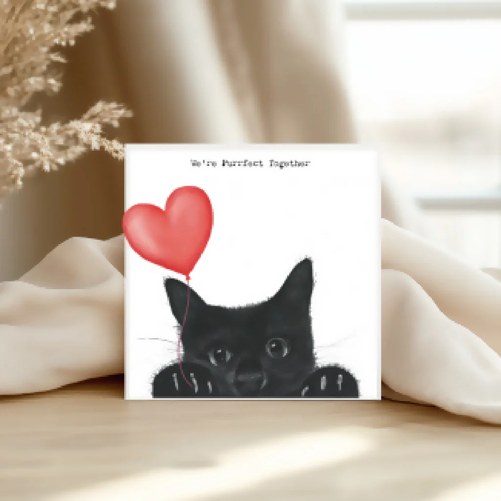 We Are Purrfect Together Peeking Cat Card – Cute Cat Love Card with Heart Balloon - Image 2