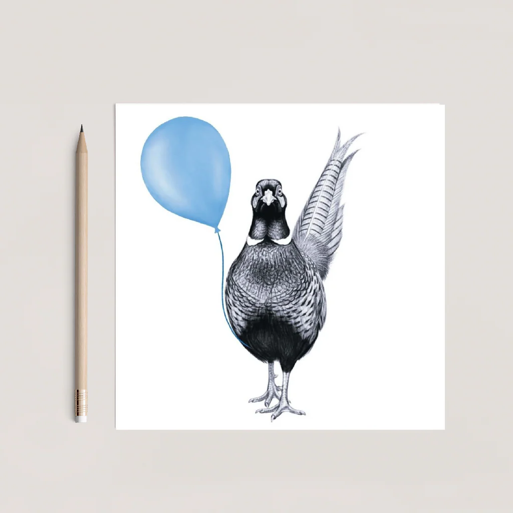 Whimsical Pheasant Balloon Card – Countryside Wildlife Illustrated Greeting Card for All Occasions