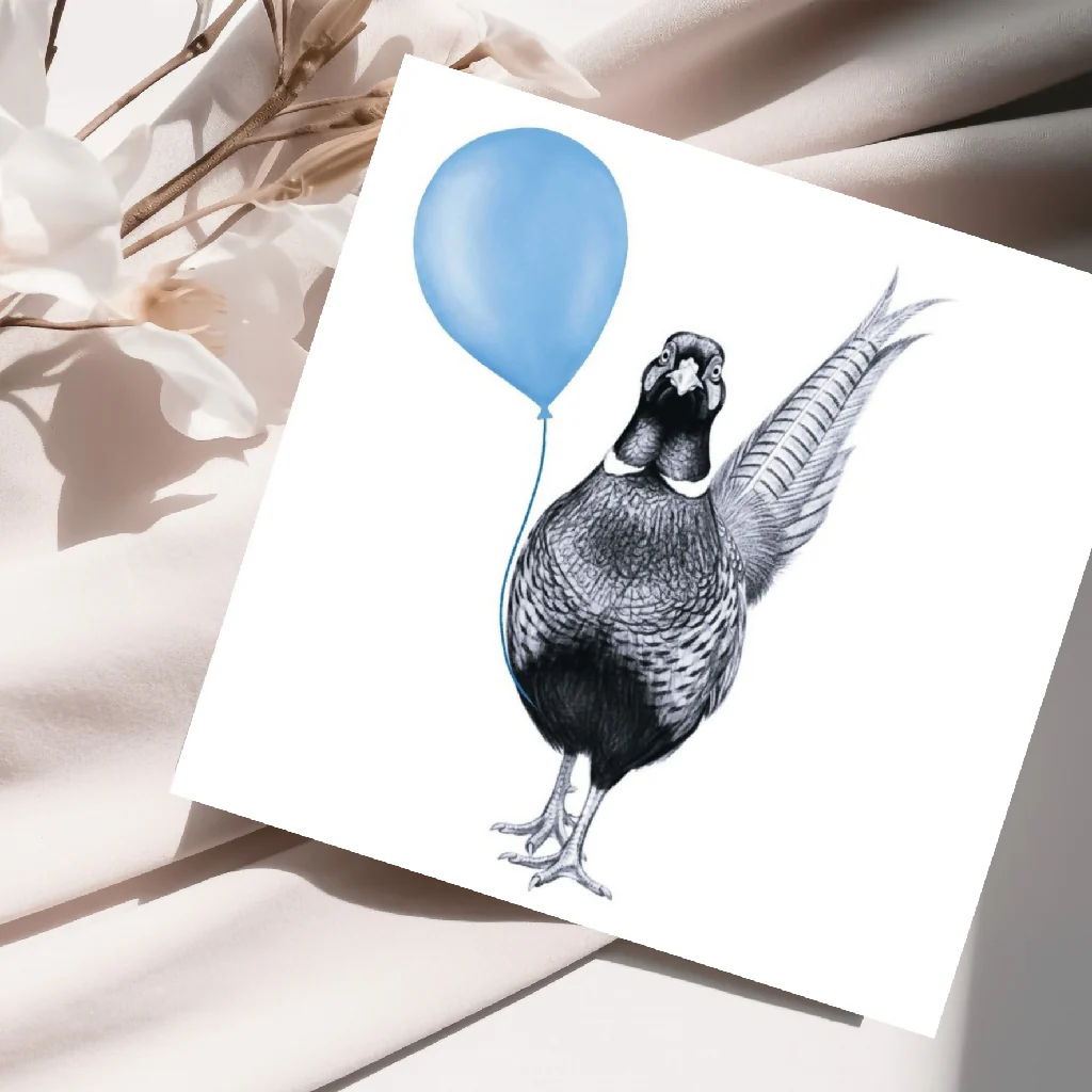 Whimsical Pheasant Balloon Card – Countryside Wildlife Illustrated Greeting Card for All Occasions - Image 3