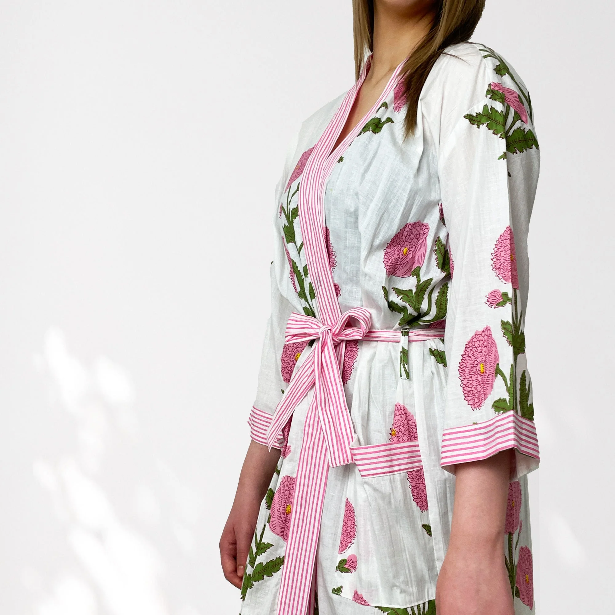 White and Pink Flower Print 100% Cotton Dressing Gown - Image 2