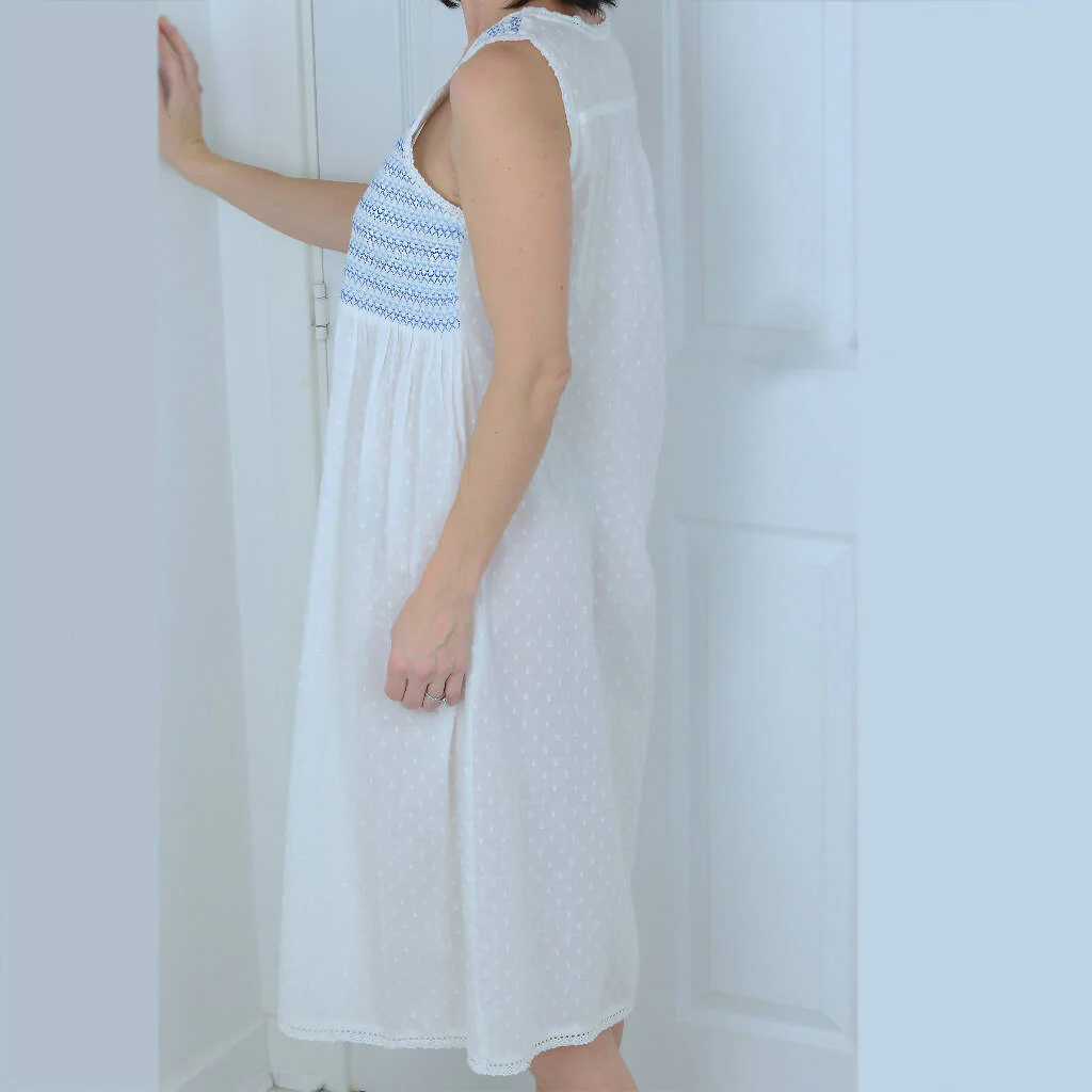 White Cotton Nightdress with Deep Smocking - Image 2