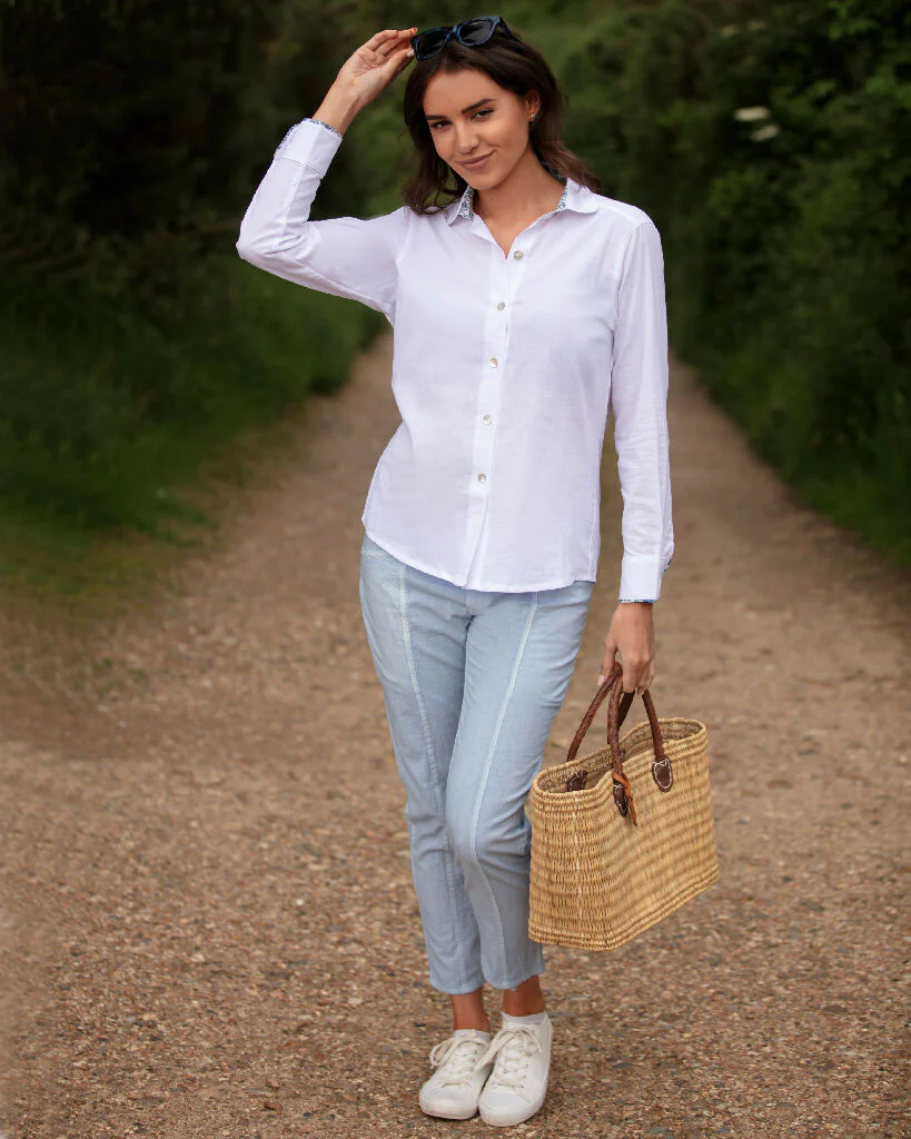 White Cotton Shirt with Liberty Print Trim - Image 10