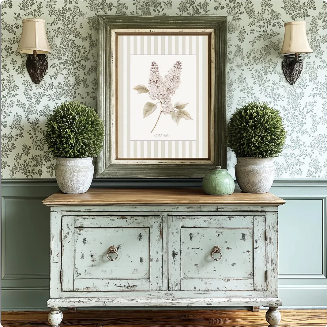 White Lilac Watercolor Print on Striped Background