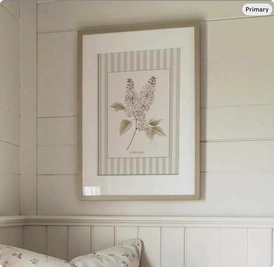White Lilac Watercolor Print on Striped Background - Image 2