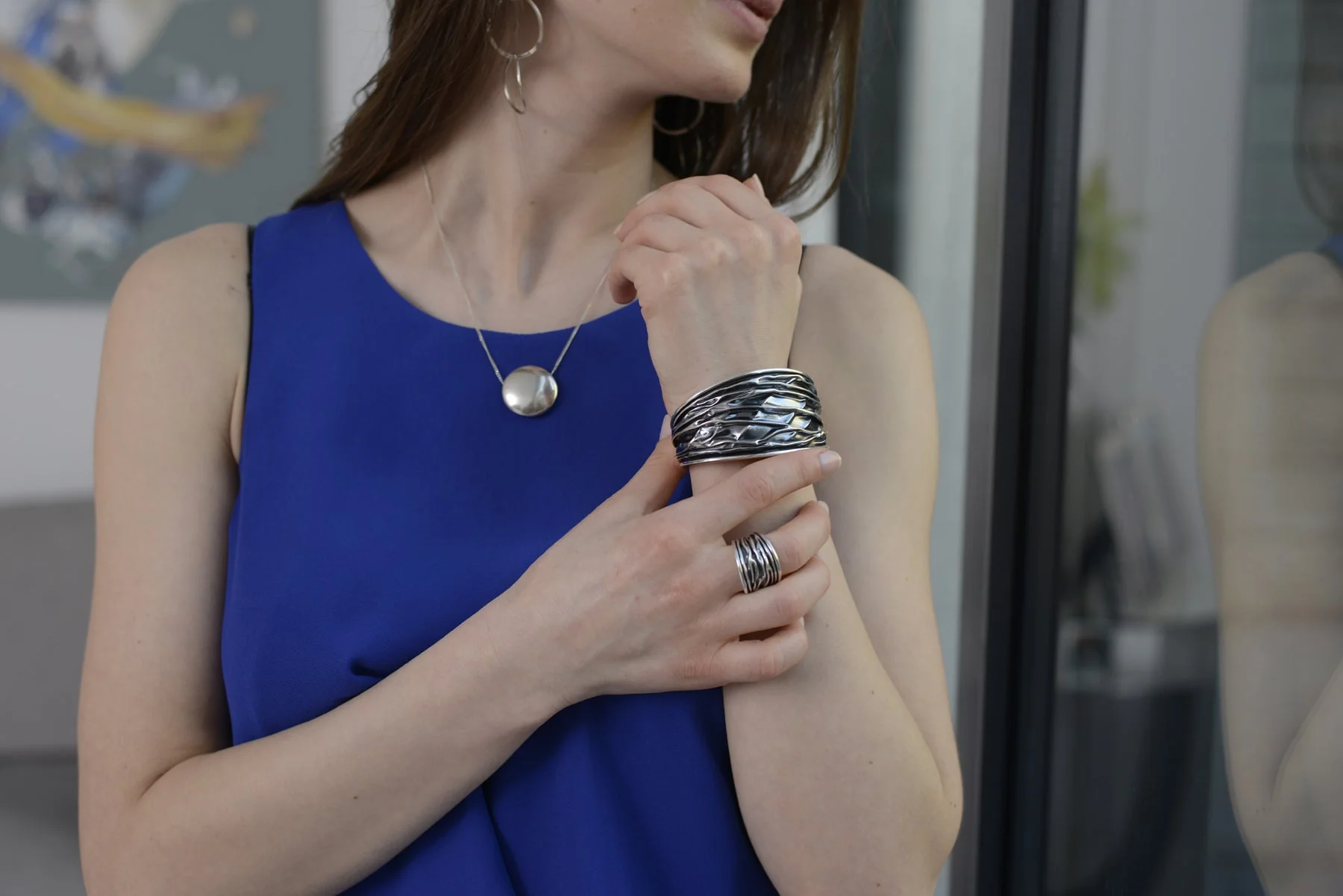 Wide Oxidised Sterling Silver Textured Patterned Cuff - Image 3