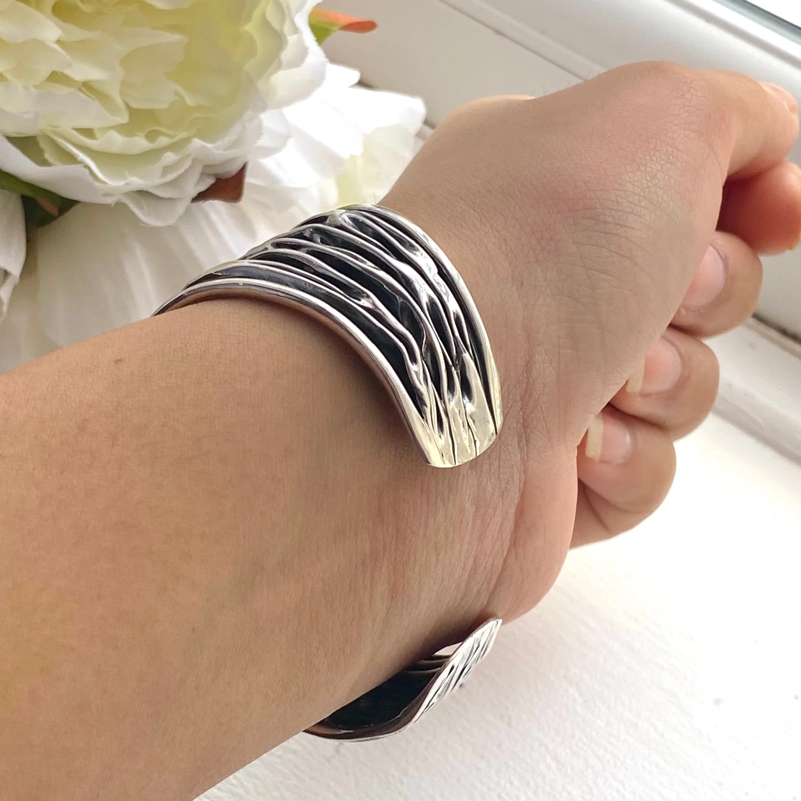 Wide Oxidised Sterling Silver Textured Patterned Cuff - Image 5