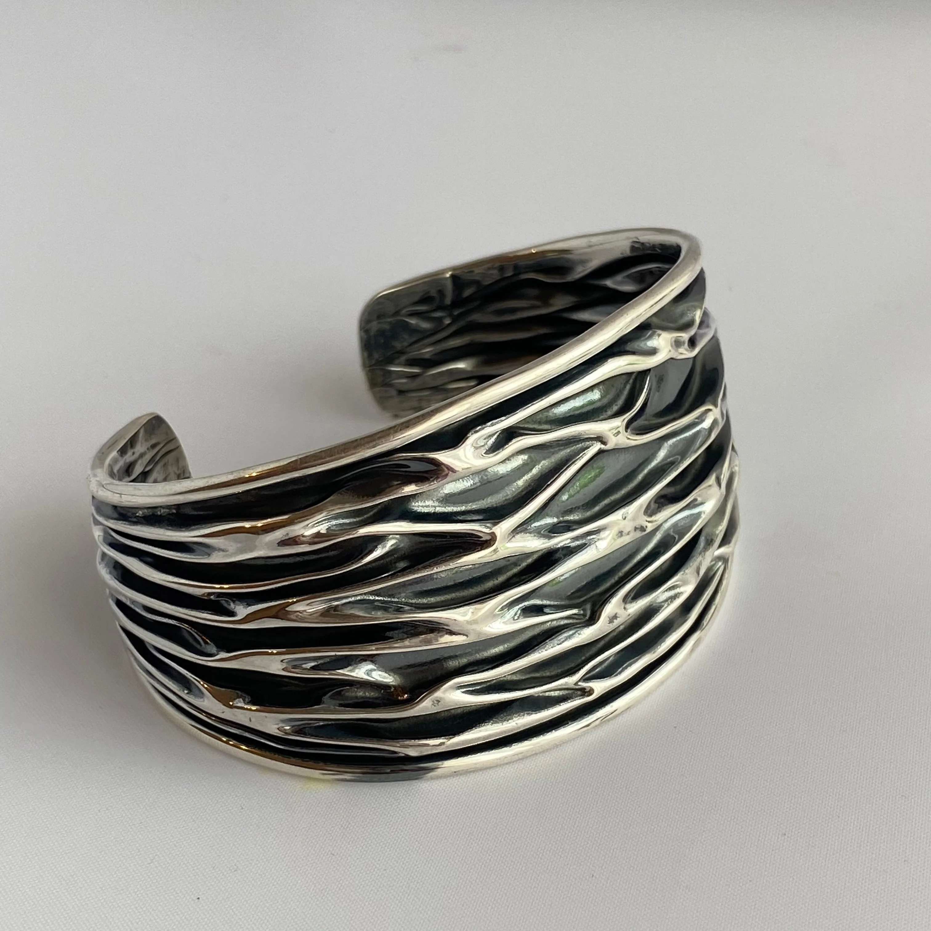 Wide Oxidised Sterling Silver Textured Patterned Cuff - Image 7