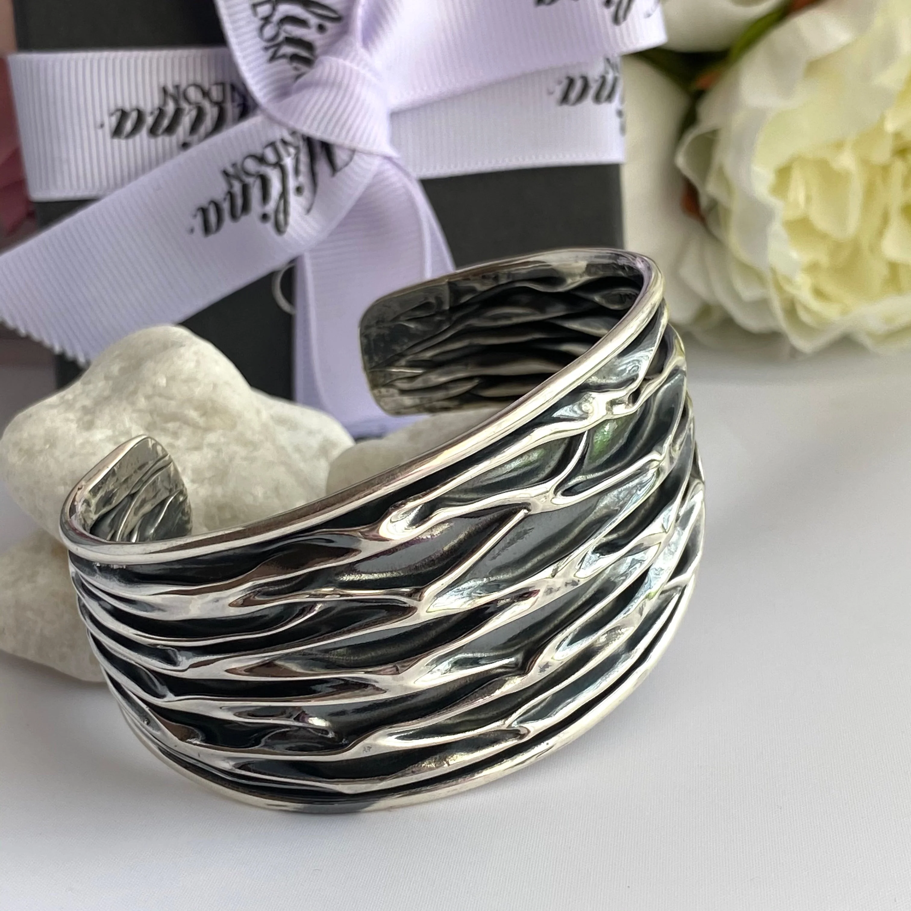 Wide Oxidised Sterling Silver Textured Patterned Cuff - Image 8
