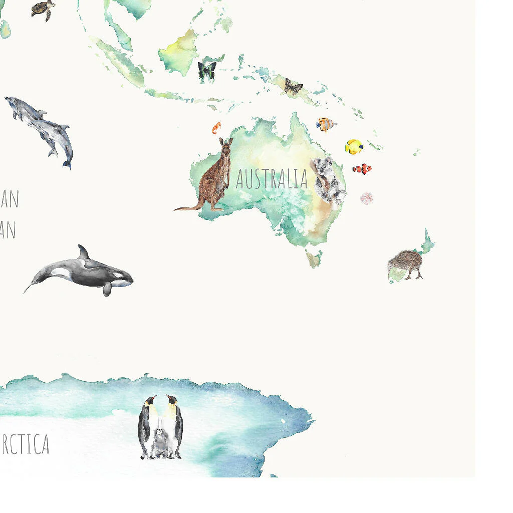 Wildlife World Map Watercolour Print - Image 4