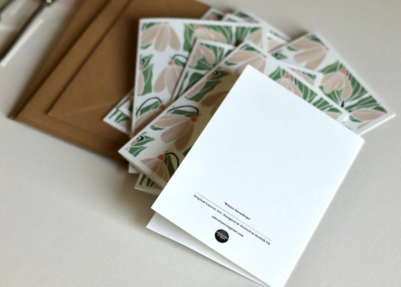Winter Snowdrops Linocut Cards | Set of 8 Notecards & Envelopes - Image 3