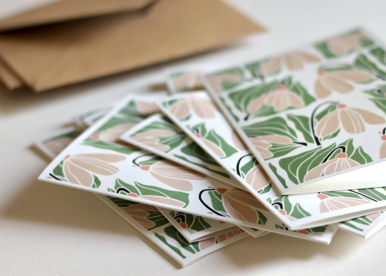 Winter Snowdrops Linocut Cards | Set of 8 Notecards & Envelopes - Image 4