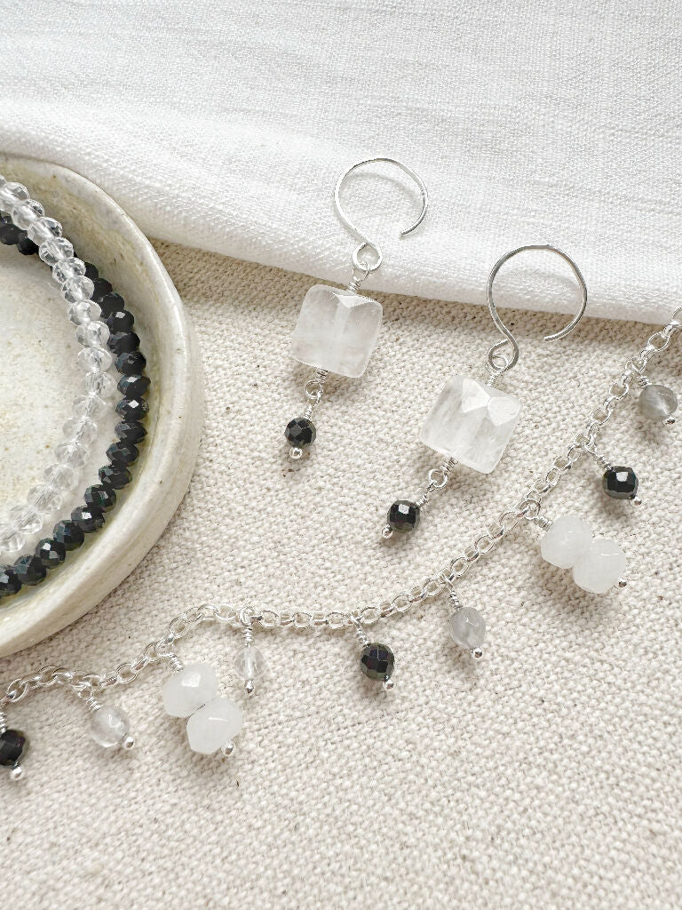 Winter Token Earrings with Rock Crystal and Black Agate - Image 4