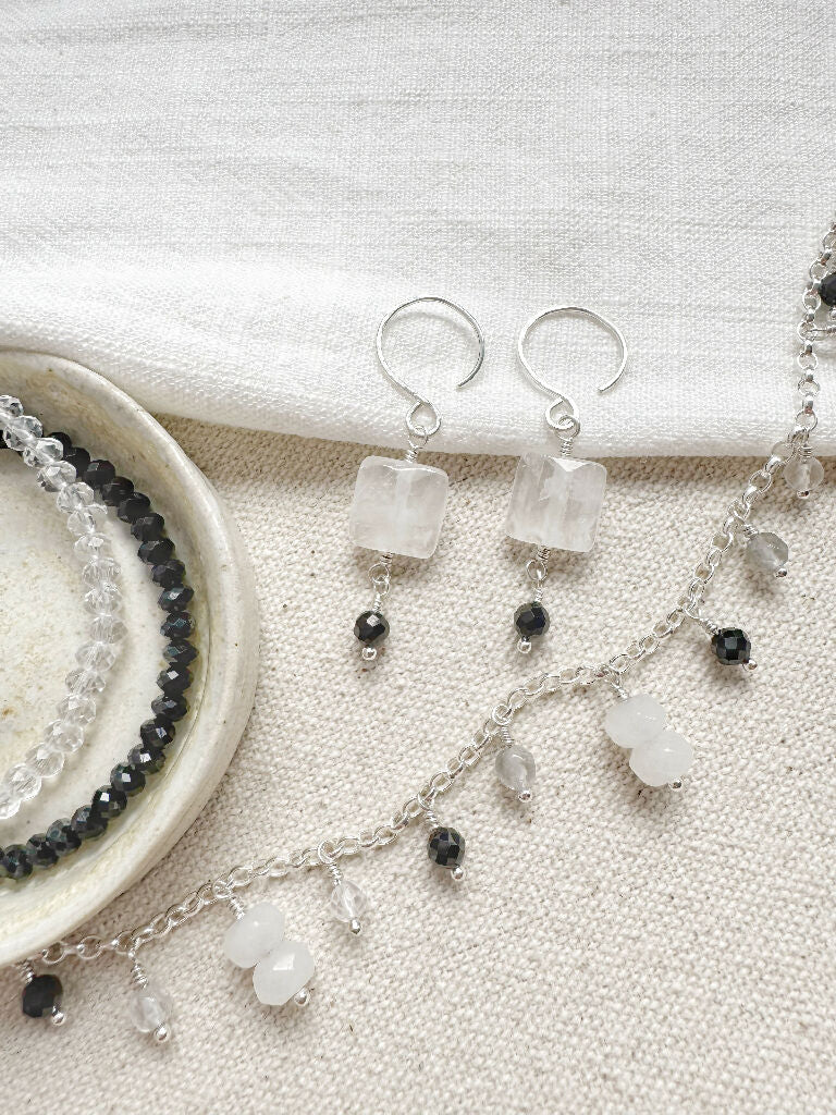 Winter Token Earrings with Rock Crystal and Black Agate - Image 5
