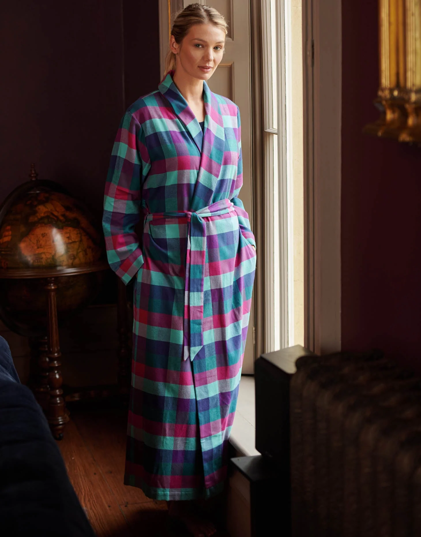 Women's Brushed Cotton Dressing Gown – Montrose Check - Image 3