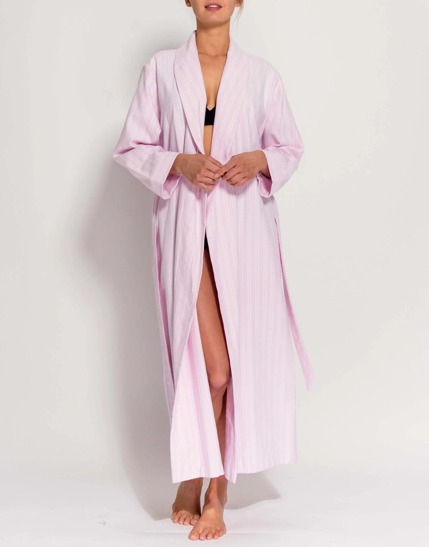 Women's Brushed Cotton Dressing Gown – Westwood Pink Stripe - Image 4