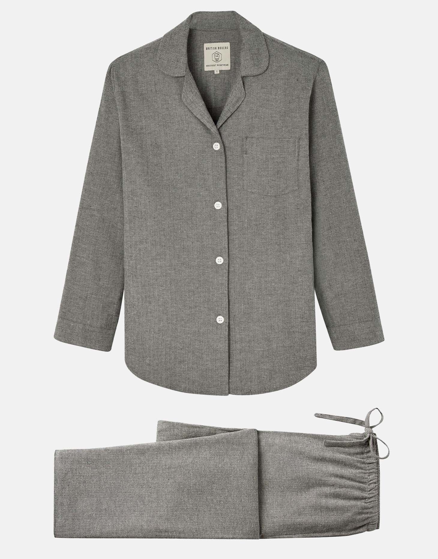 Women's Brushed Cotton Pyjama Set – Whitby Jet Herringbone - Image 3