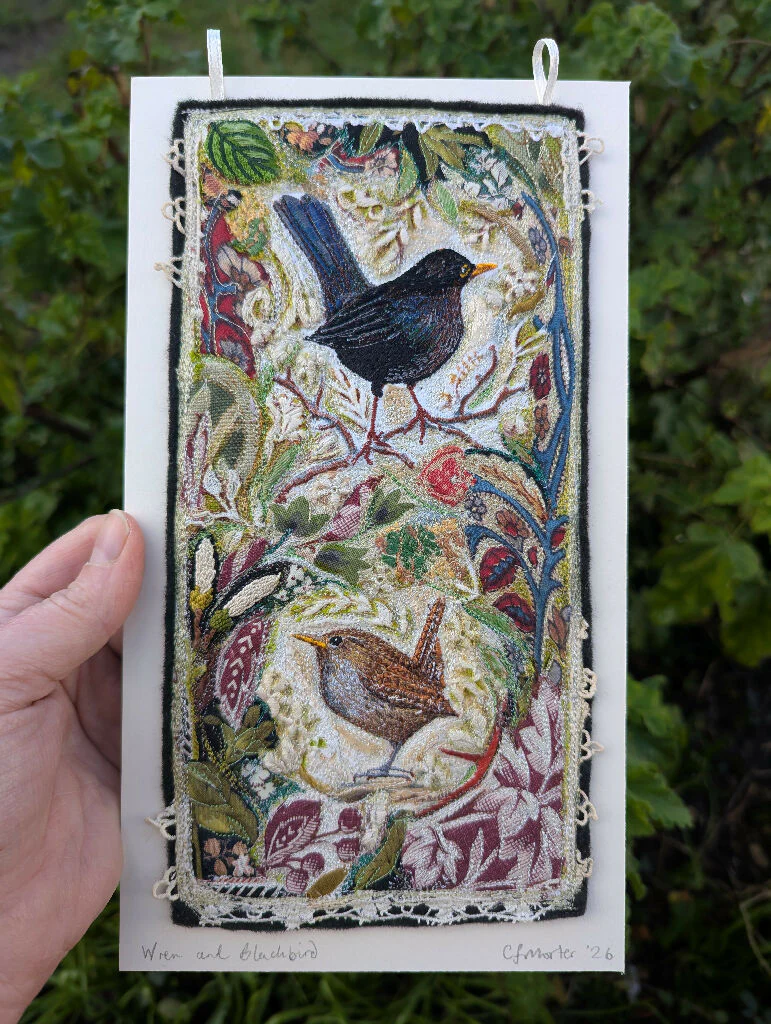 Wren and Blackbird- Textile embroidery hanging - Image 2