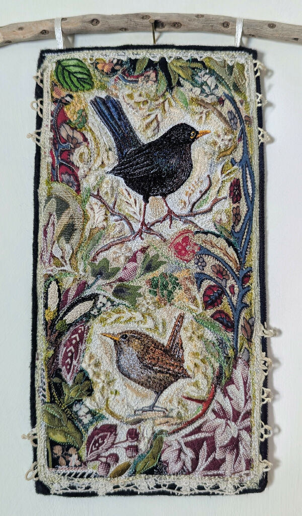 Wren and Blackbird- Textile embroidery hanging - Image 5