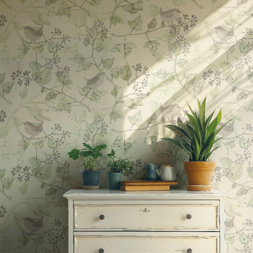 Wrens in the Ivy Sustainable Wallpaper: Four Colours - Image 2