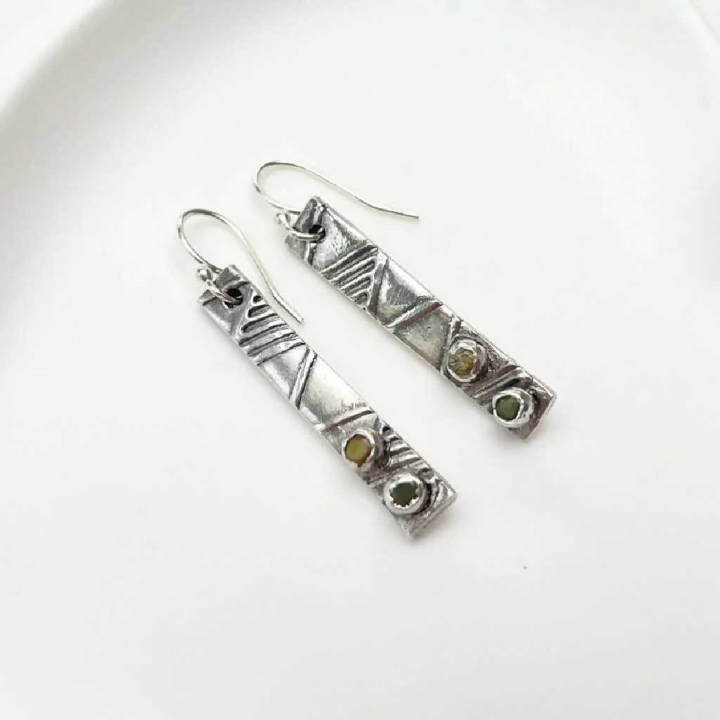 Yellow and Green Boho Solid Silver Earrings - Image 4
