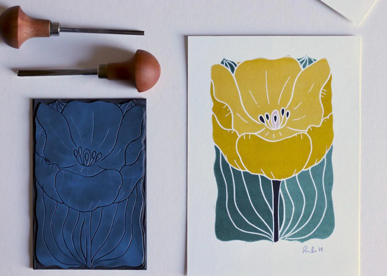 Yellow Linocut Tulip Flower Print | A5 or A4 on Cotton Paper - Image 3