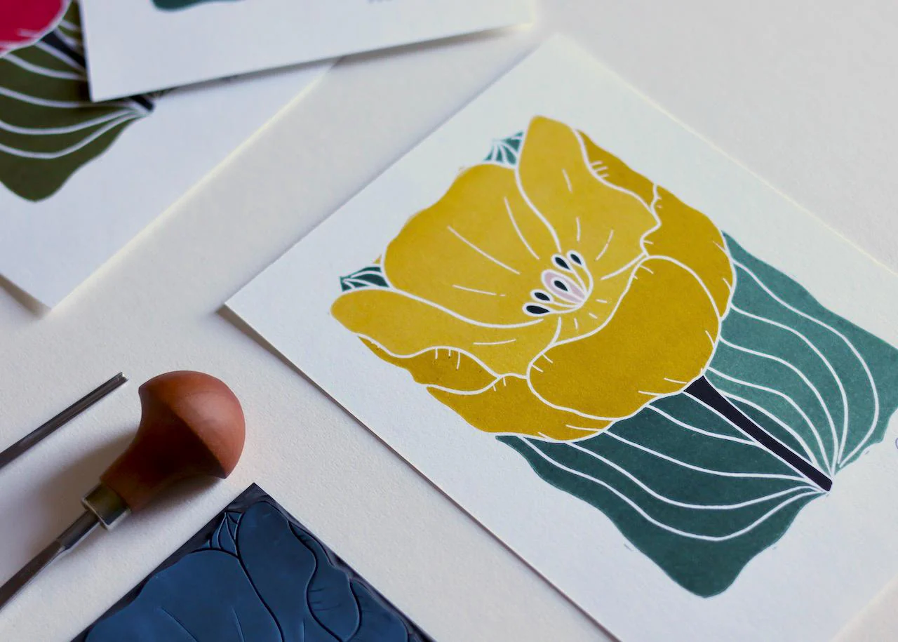 Yellow Linocut Tulip Flower Print | A5 or A4 on Cotton Paper - Image 4