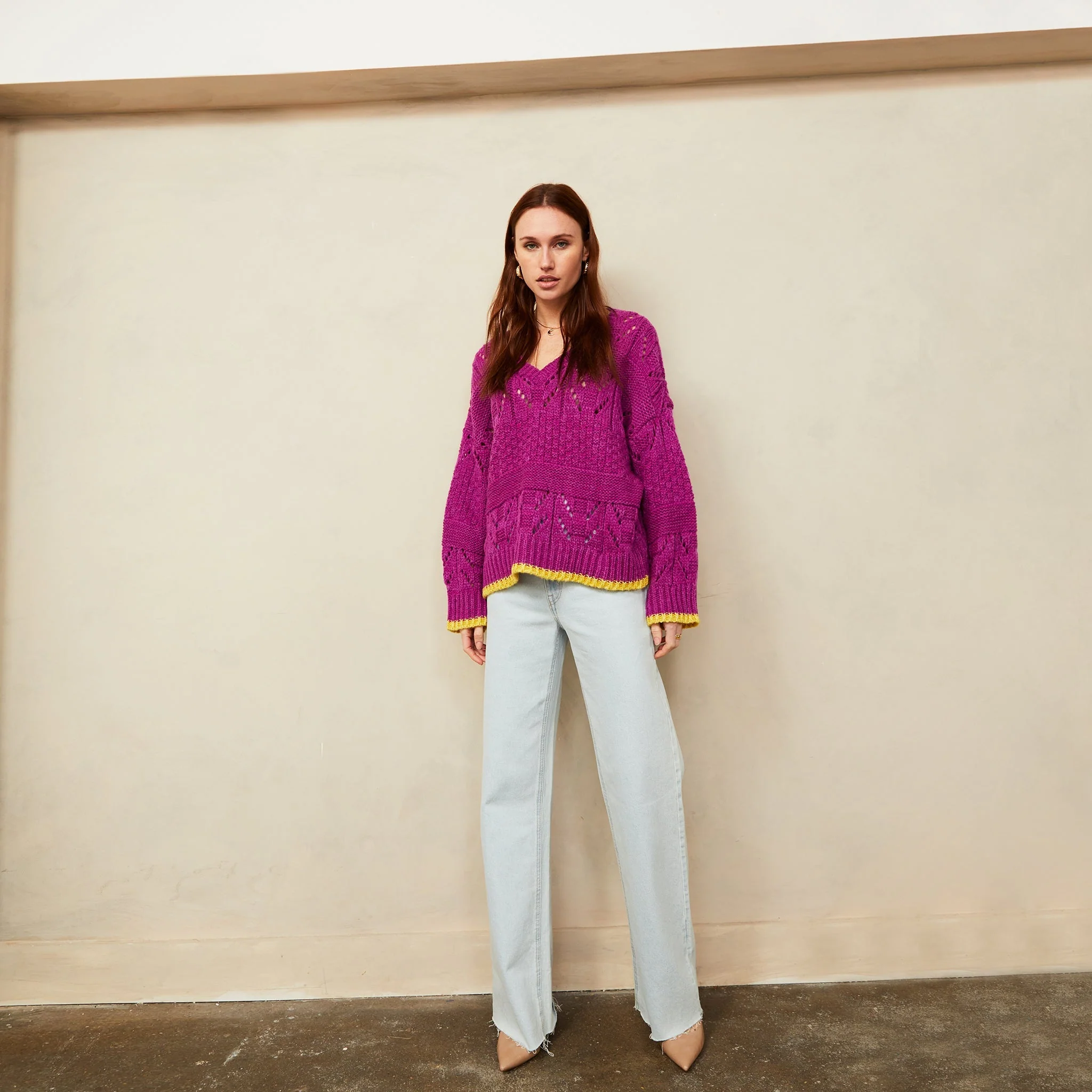 Zoe Pointelle V Neck Wide Sleeve Jumper - Fuchsia - Image 3
