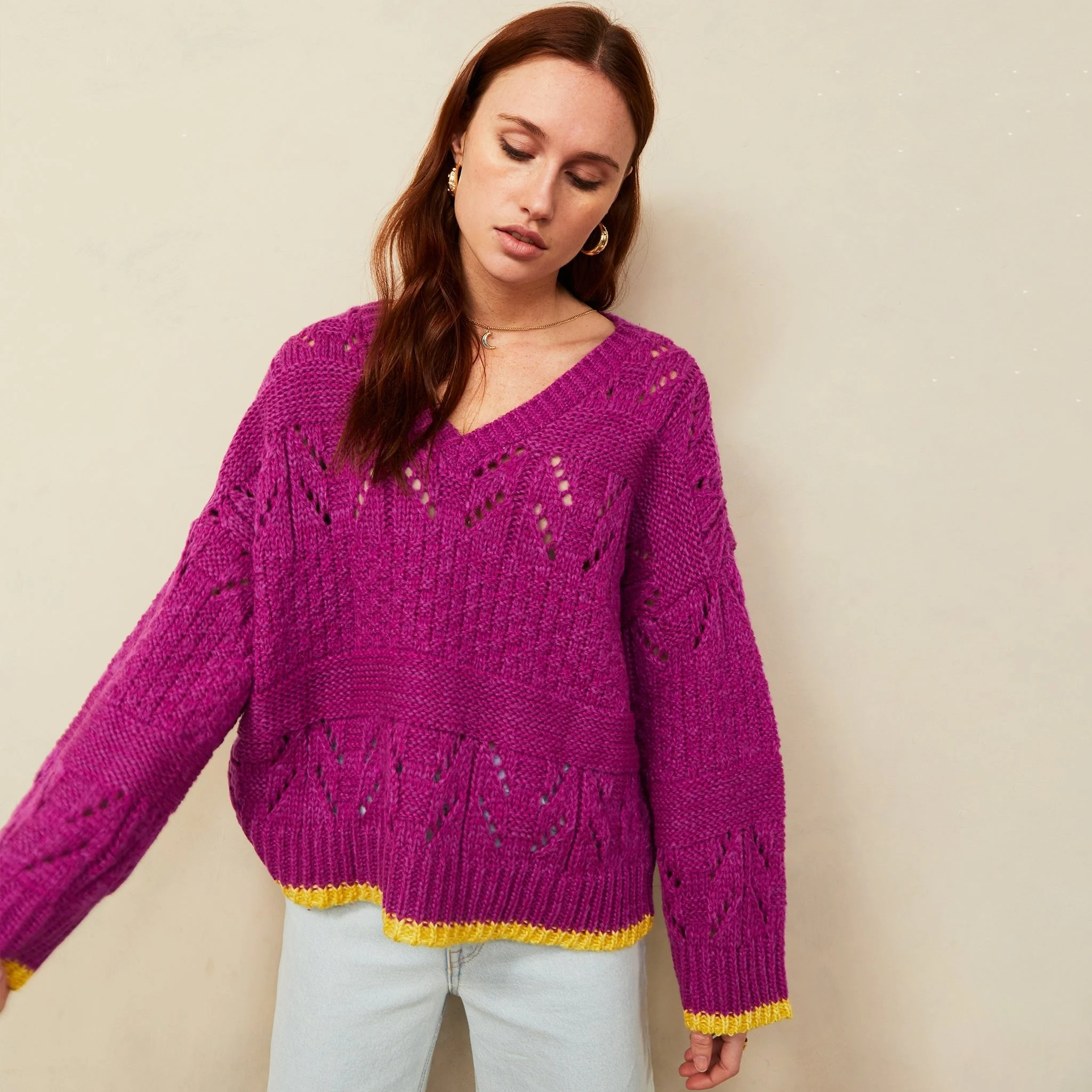 Zoe Pointelle V Neck Wide Sleeve Jumper - Fuchsia - Image 5